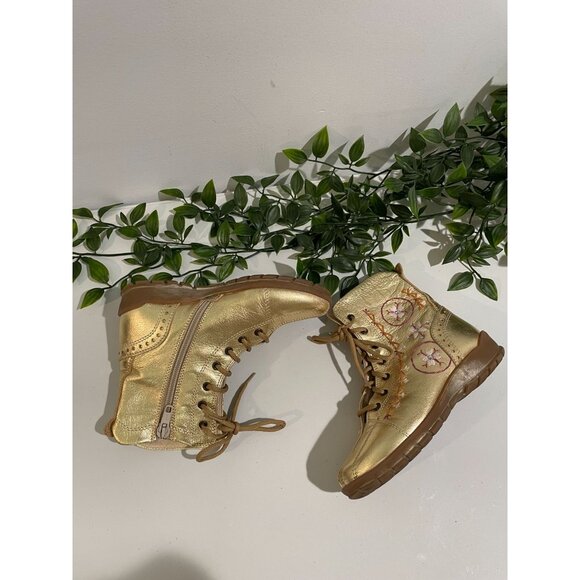 Gold Leather Embroidered Lace-Up Boots Made In Italy By Y. Iacovelli Size 28 Kid - Picture 9 of 13